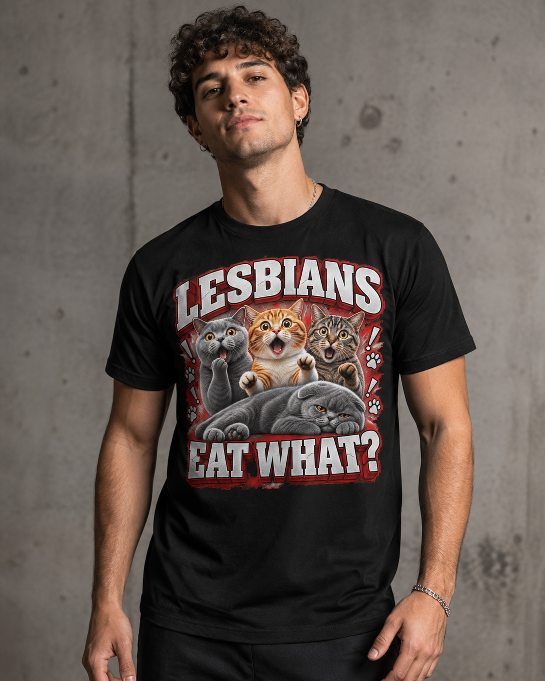 Lesbians Eat What? Funny Cat Graphic T-Shirt – Edgy Adult Humor Tee