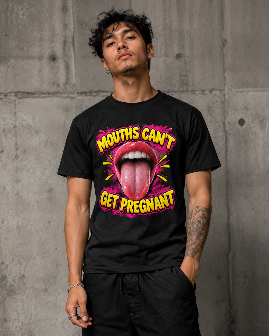 Mouths Can’t Get Pregnant Graphic Tee — Bold Retro Tongue Statement Shirt
